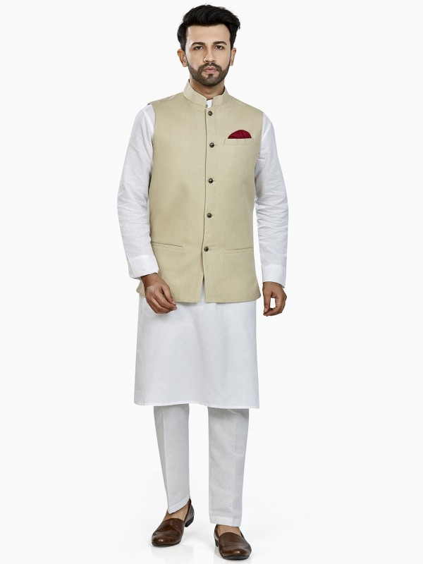 White,Beige Colour Linen Fabric Mens Kurta Pajama Jacket.