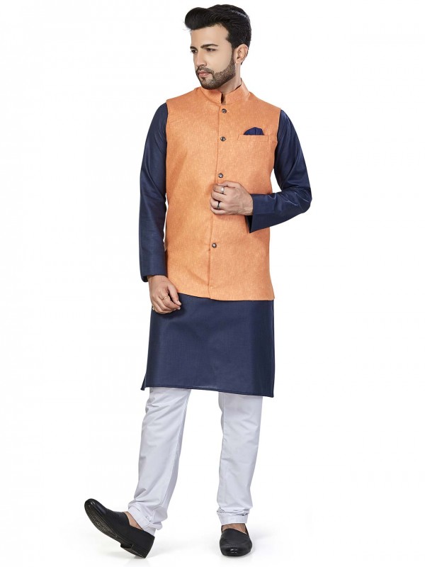 Blue,Orange Colour Linen Fabric Readymade Kurta Pajama Jacket.