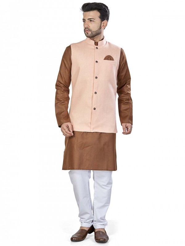 Brown,Peach Colour Linen Fabric Readymade Kurta Jacket.