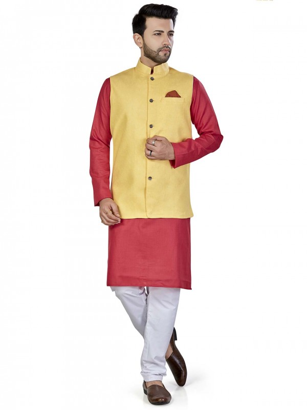 Linen Fabric Kurta Jacket Red,Yellow Colour.
