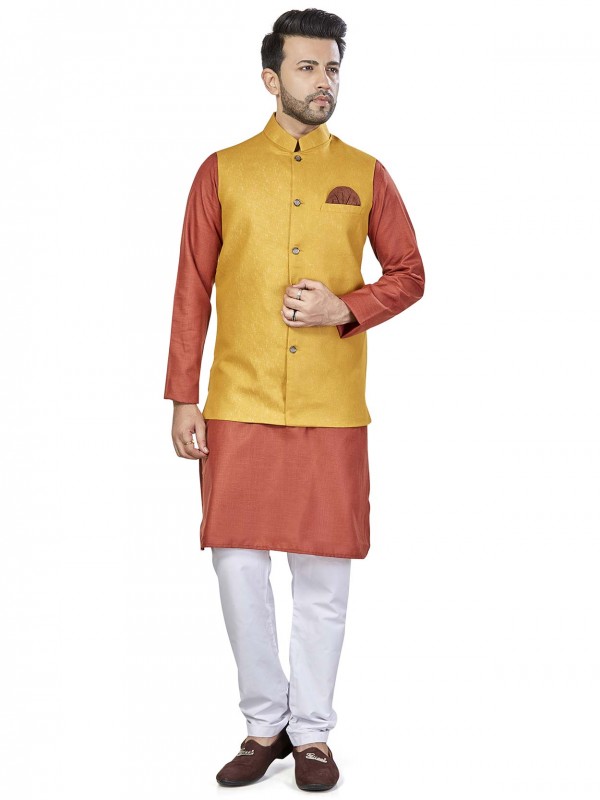 Orange,Yellow Colour Traditional Kurta Jacket.