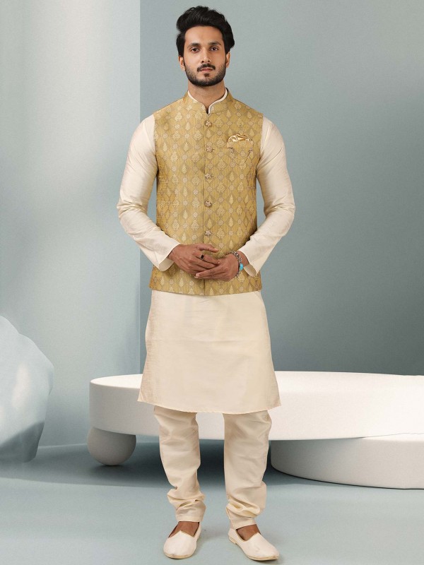 Off White,Golden Colour Kurta Pajama Jacket in Jacquard,Banarasi Silk Fabric.