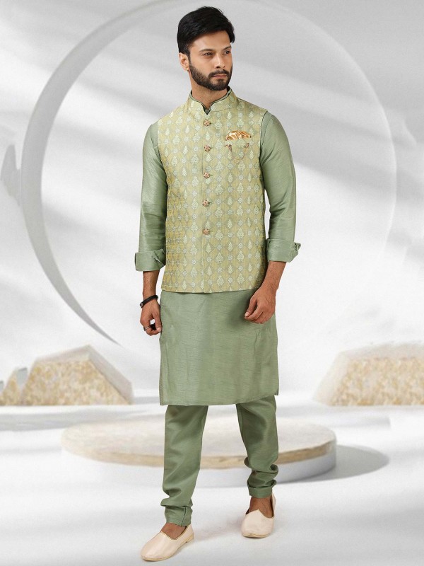 Pista Green Colour Designer Kurta Jacket in Jacquard,Banarasi Silk Fabric.
