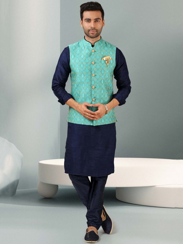 Blue Colour Indian Designer Kurta Pajama Jacket.