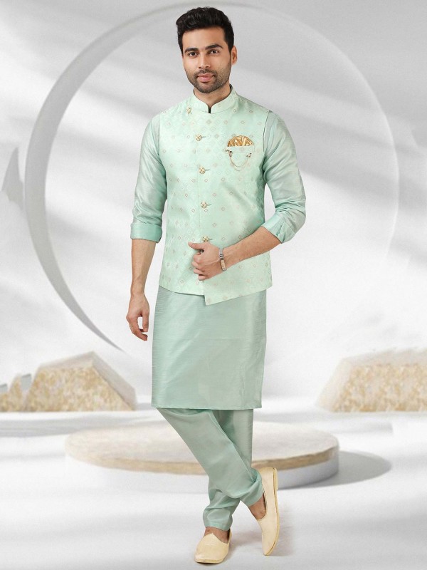 Pista Green Colour Jacquard,Banarasi Silk Kurta Jacket.