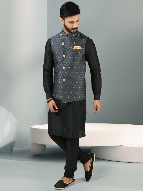 Black Colour Party Wear Kurta Jacket in Jacquard,Banarasi Silk Fabric.