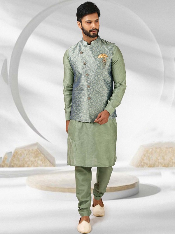 Green Colour,Jacquard,Banarasi Silk Fabric Kurta Pajama Jacket.