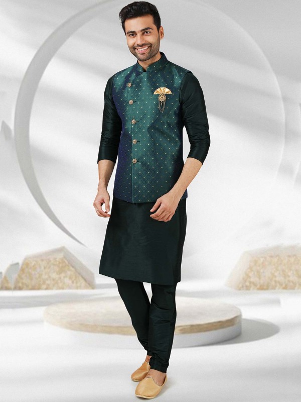 Dark Green Colour Jacquard,Banarasi Silk Fabric Mens Kurta Jacket.