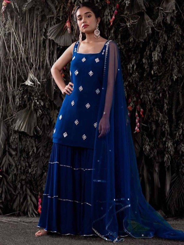 Navy Blue Colour Georgette Fabric Sharara Salwar Suit.