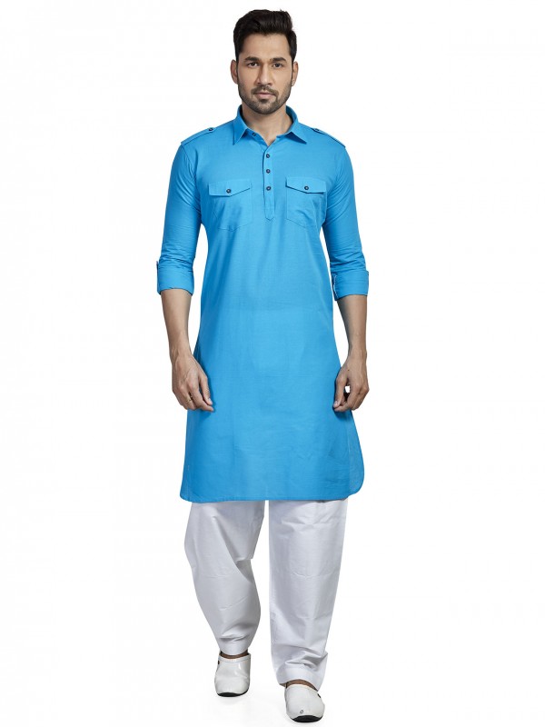 Blue Colour Pathani Kurta Pajama in Cotton Fabric.