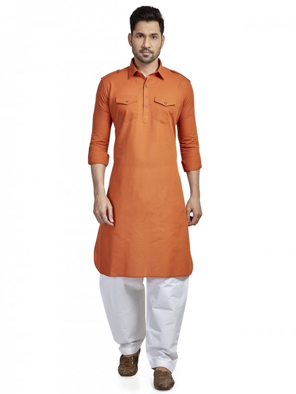 Cotton Fabric Pathani Kurta Pajama Orange Colour.