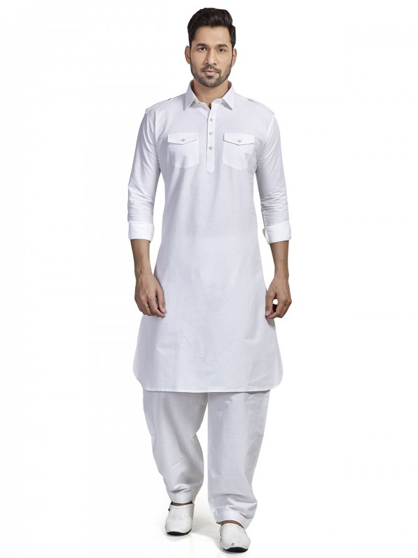 White Colour Cotton Fabric Mens Kurta Pajama.