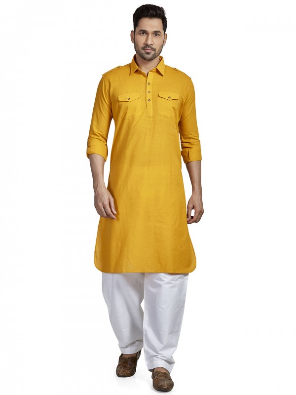 Yellow Colour Cotton Fabric Mens Kurta Pajama.