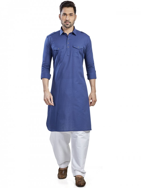 Navy Blue Colour Cotton Fabric Mens Pathani Kurta Pajama.