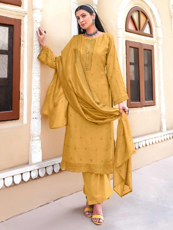 Mustard Yellow Designer Salwar Kameez in Viscose Fabric.