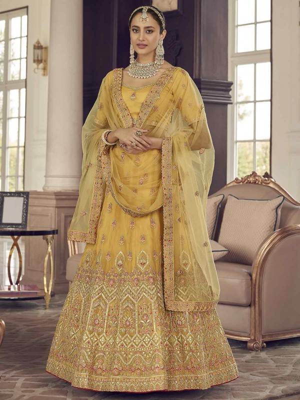 Yellow Colour Organza Fabric Wedding Lehenga Choli.