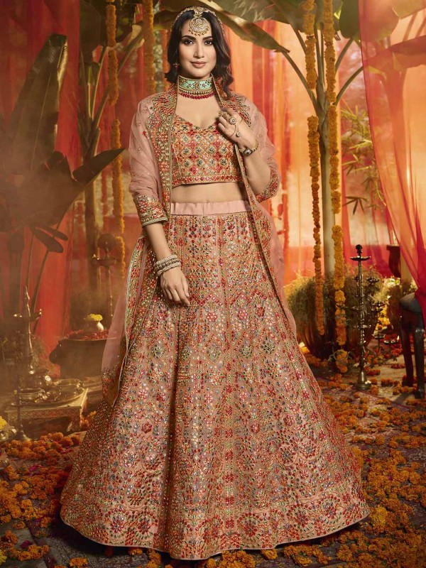 Peach Colour Organza Fabric Wedding Lehenga Choli.