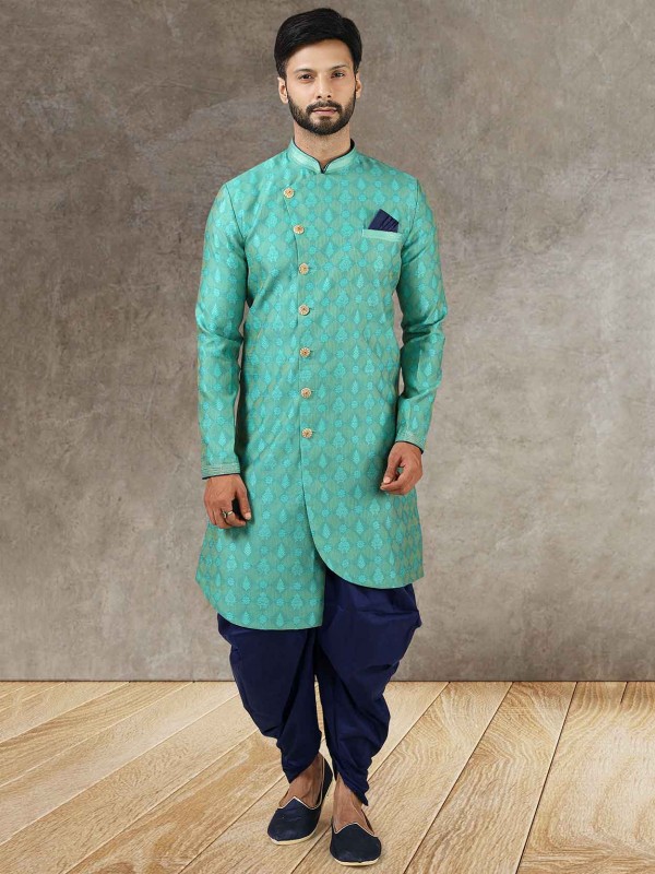 Teal Green Colour Brocade Silk,Jacquard Fabric Semi Indo Kurta.