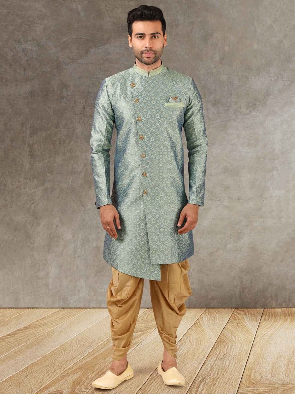 Green,Blue Colour Brocade Silk,Jacquard Fabric Mens Semi Indo Kurta.