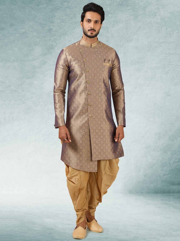 Blue,Brown Colour Brocade Silk,Jacquard Fabric Semi Indo Kurta For Men.