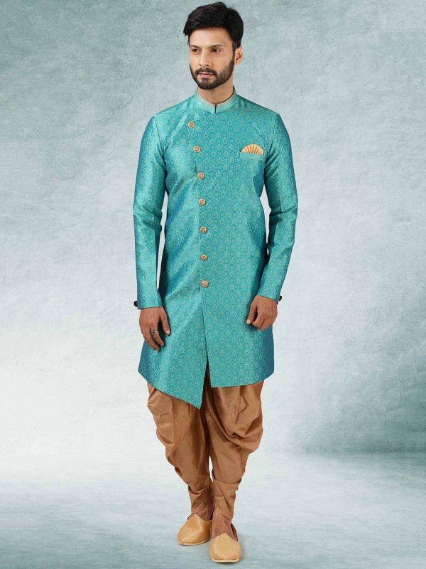 Teal Green,Blue Colour Designer Semi Indo Kurta.
