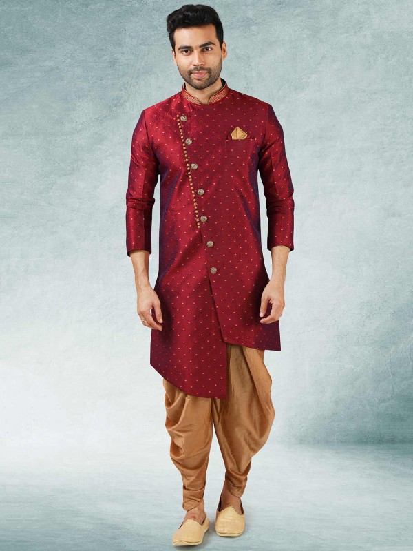 Maroon Colour Designer Semi Indowestern in Brocade Silk,Jacquard Fabric.