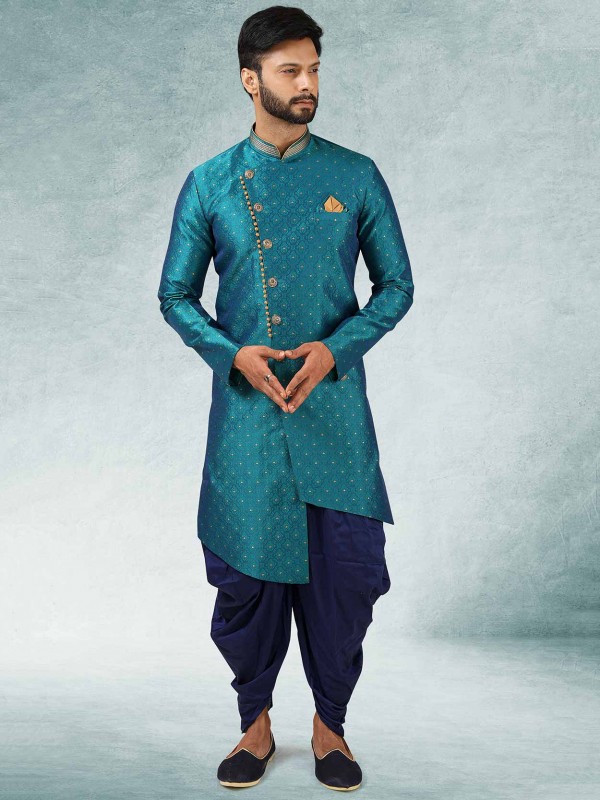 Blue,Green Colour Brocade Silk,Jacquard Fabric Semi Indo Kurta.