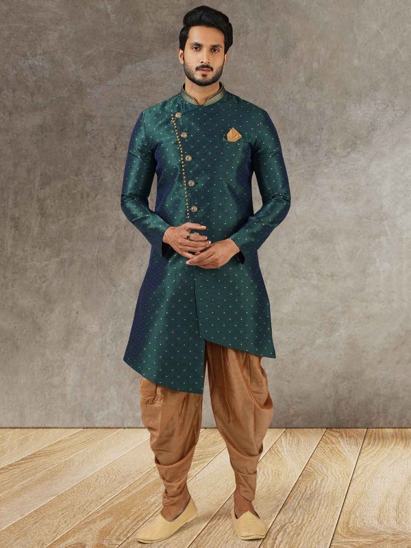 Green,Blue Colour Brocade Silk,Jacquard Fabric Designer Semi Indo Kurta.