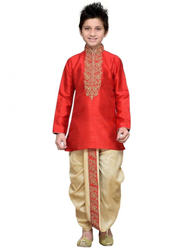 Red Color Cotton,Linen Fabric Dhoti Kurta.