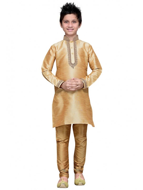 Exquisite Golden Color Cotton,Linen Fabric Boy's Kurta Pajama.