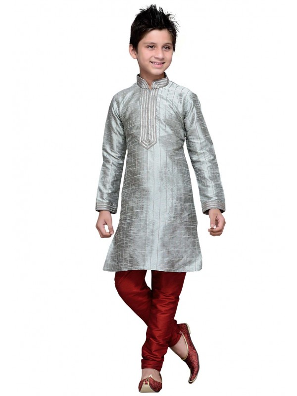 Exquisite Silver Color Cotton Fabric Boy's Kurta Pajama.
