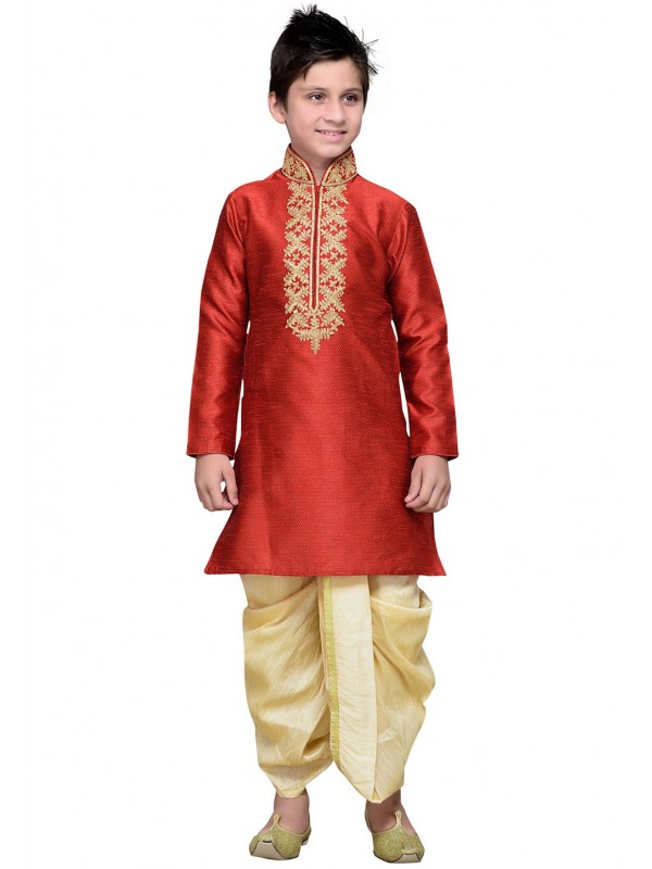 Red Color Cotton Fabric Boy's Dhoti Kurta.