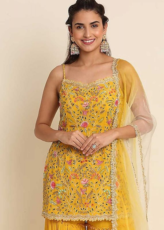 Yellow Embroidered Sharara Style Salwar Kameez