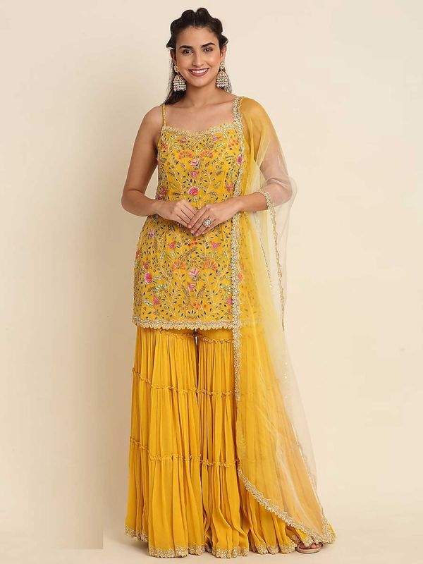 Yellow Embroidered Sharara Style Salwar Kameez