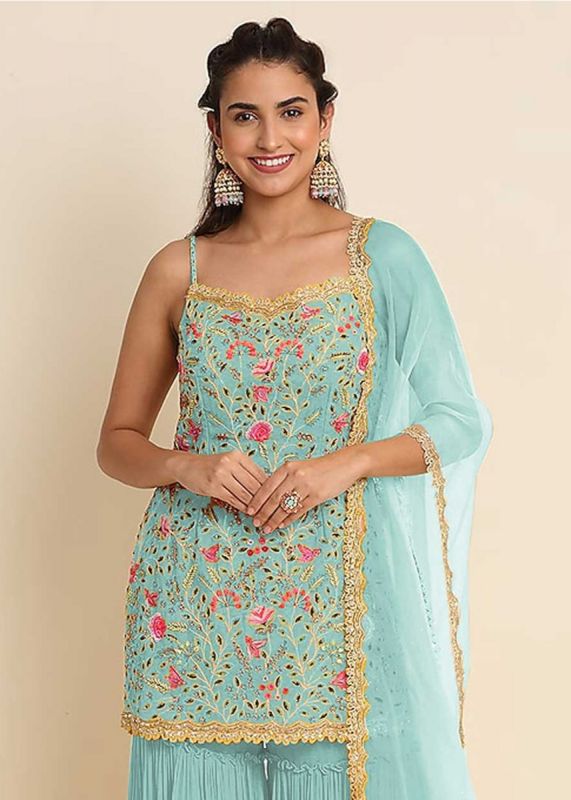 Blue Embroidered Sharara Suit In Georgette