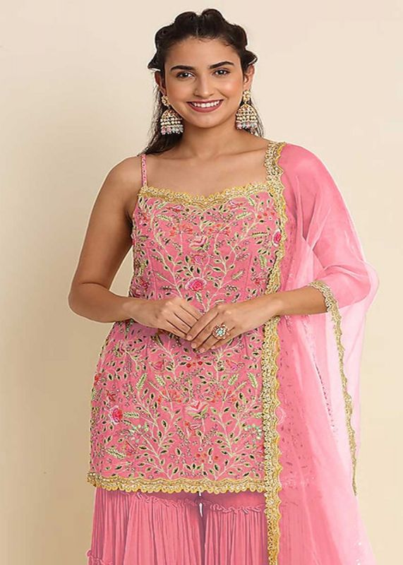 Pink Thread Embroidered Sharara Suit