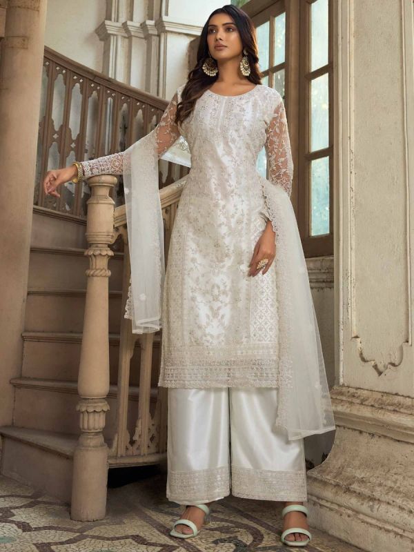 White Embroidered Palazzo Style Salwar Kameez