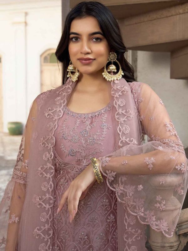Pink Embroidered Palazzo Style Suit In Net