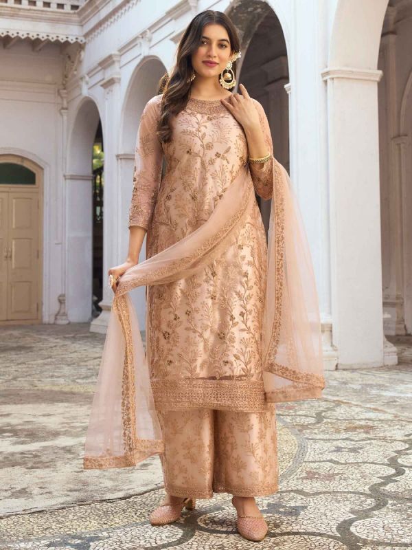 Beige Dori Embroidered Palazzo Style Salwar Suit