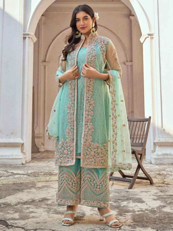 Blue Embroidered Jacketed Salwar Kameez In Net