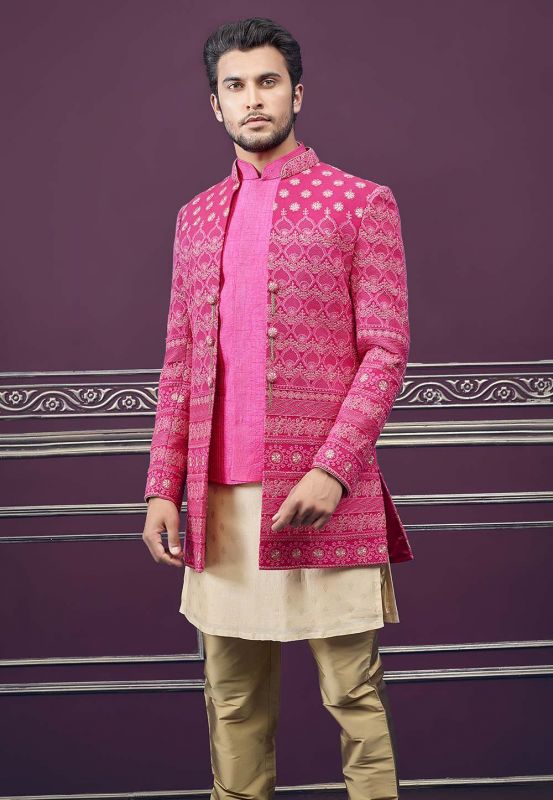 Pink Designer Indo Western Sherwani In Silk