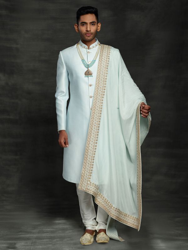 Sky Blue Colour Wedding Sherwani in Silk Fabric.