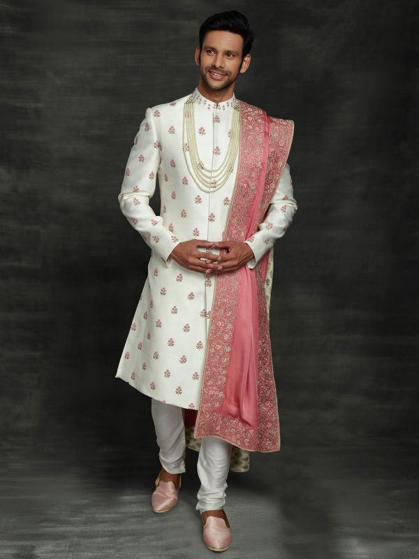 White Colour Silk Groom Wedding Sherwani With Thread Work.