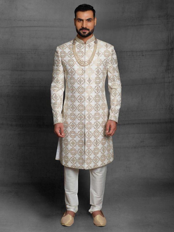 Off White Colour Silk Fabric Mens Sherwani.
