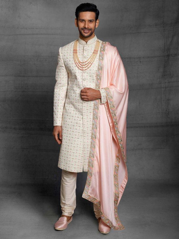 Cream Colour Silk Fabric Designer Groom Sherwani in Thread,Hand Work.