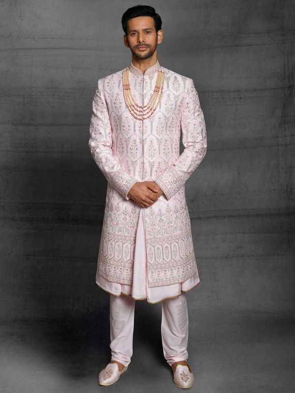 Pink Colour Silk Wedding Sherwani in Thread,Hand Work.