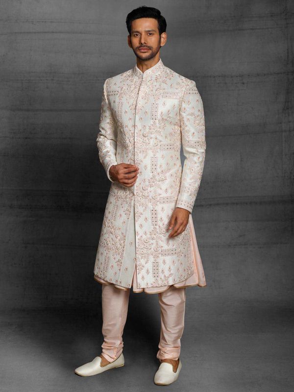 Off White,Peach Colour Silk Fabric Mens Sherwani.