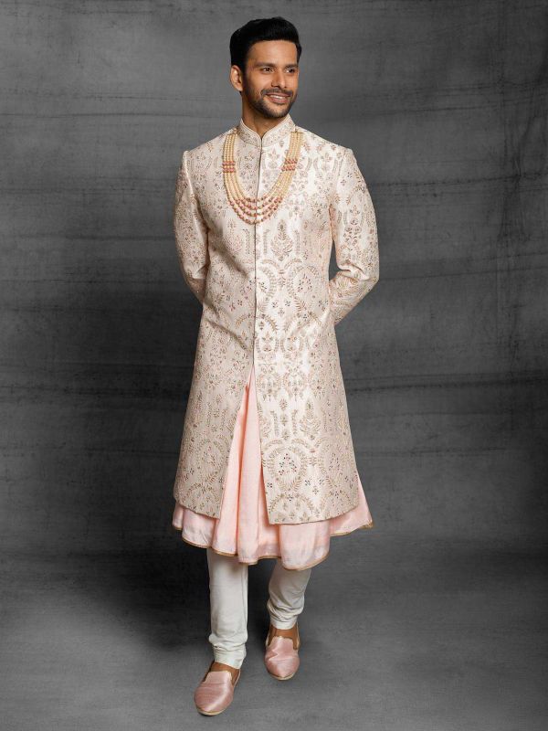 Cream,Peach Colour Silk Fabric Mens Wedding Sherwani.