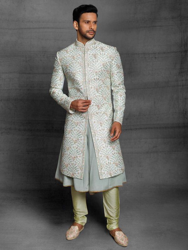 Off White,Grey Colour Silk Fabric Mens Sherwani.
