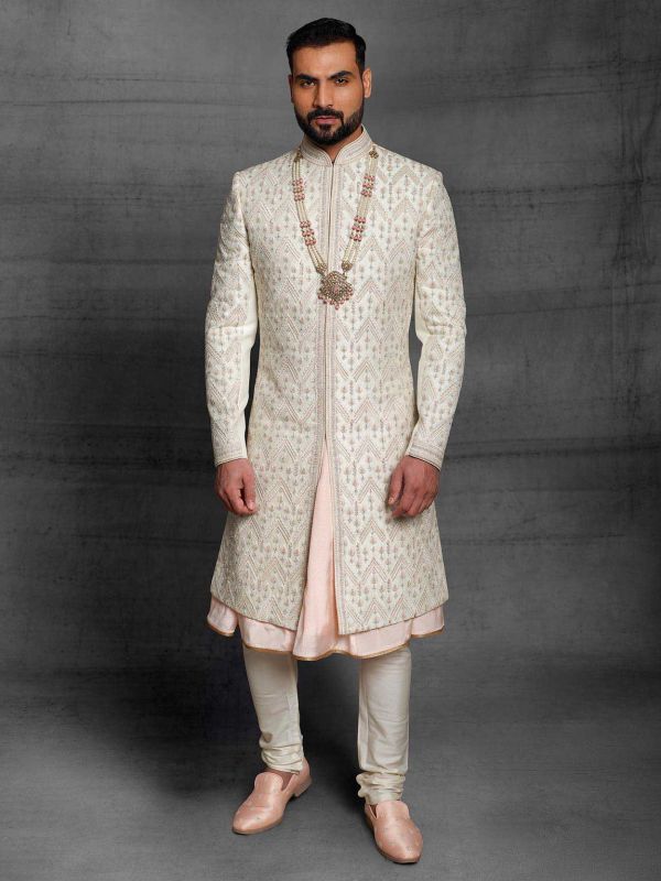 Cream,Peach Colour Silk Fabric Wedding Sherwani.